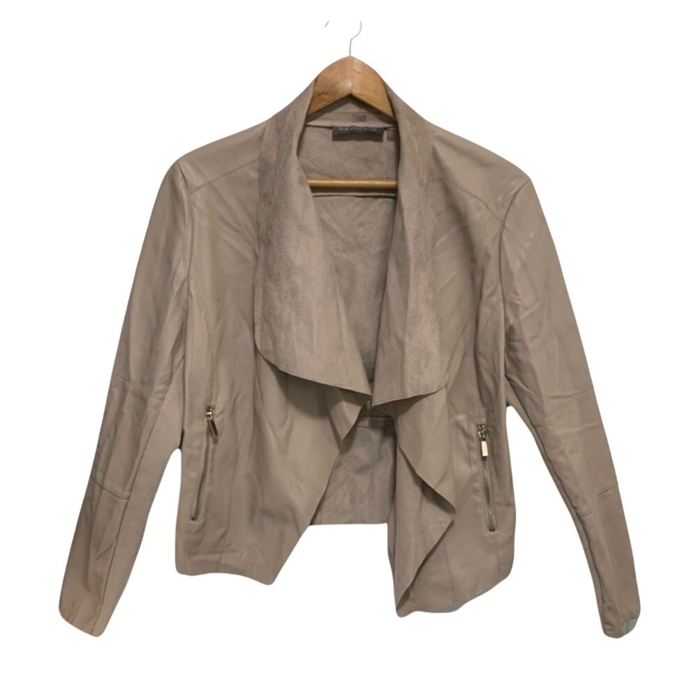 Bagatelle Waterfall Drape Faux Leather Suede Moto Jacket Beige Size L